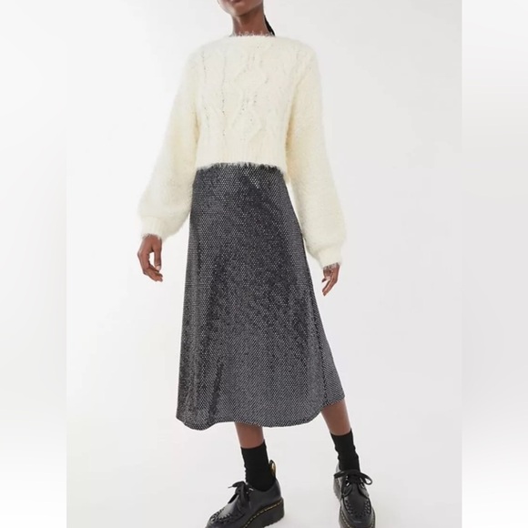 URBAN OUTFITTERS Disco sparkle Silver Black Midi Skirt Women’s Size small - Picture 1 of 14